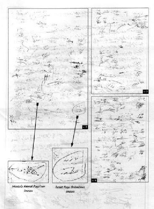 Meclise sunulan kanun teklifindeki imzalar. Mustafa Kemal ile İsmet Paşaların imzaları daire içinde.