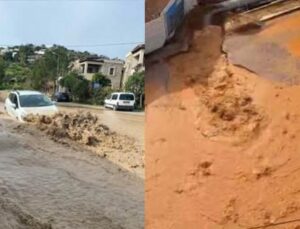 Bodrum’da ana isale hattı yine patladı: Yol çöktü, cadde göle döndü