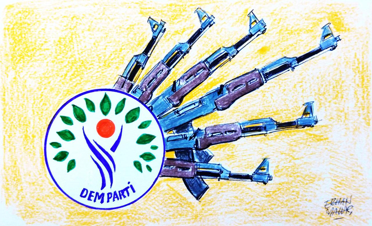 Karikatürist Erhan Yalvaç, DEM Parti'nin terör örgütü PKK ile olan bağlantısını böyle yansıtmıştı.