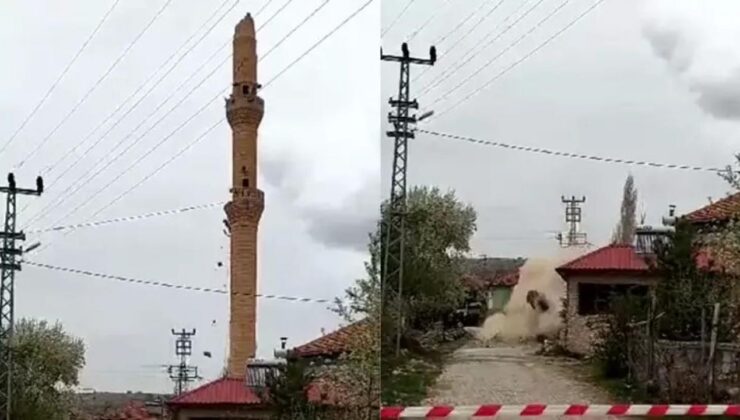 Depremde hasar gören minare, kontrollü olarak yıkıldı